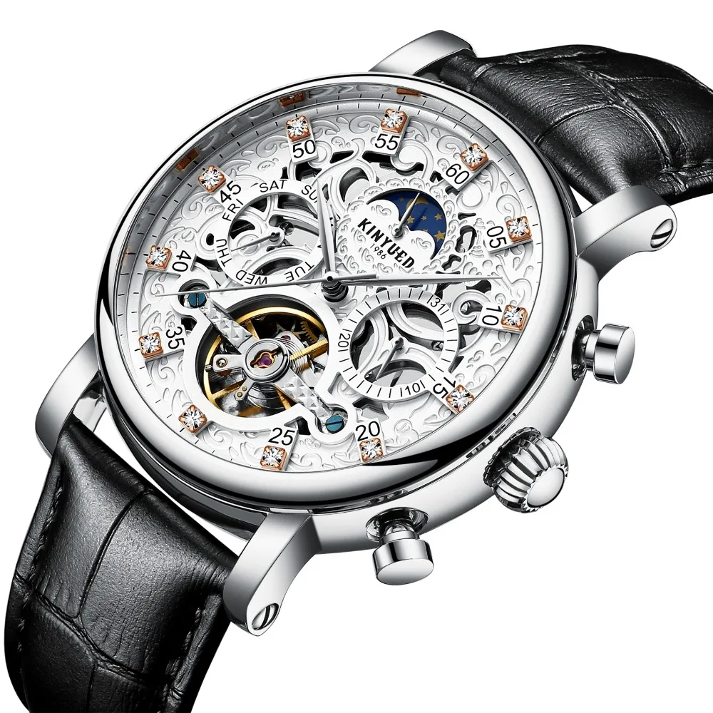 

KINYUED Skeleton Automatic Watch Men Sun Moon Phase Waterproof Mens Tourbillon Mechanical Watches Top Brand Luxury Wristwatches