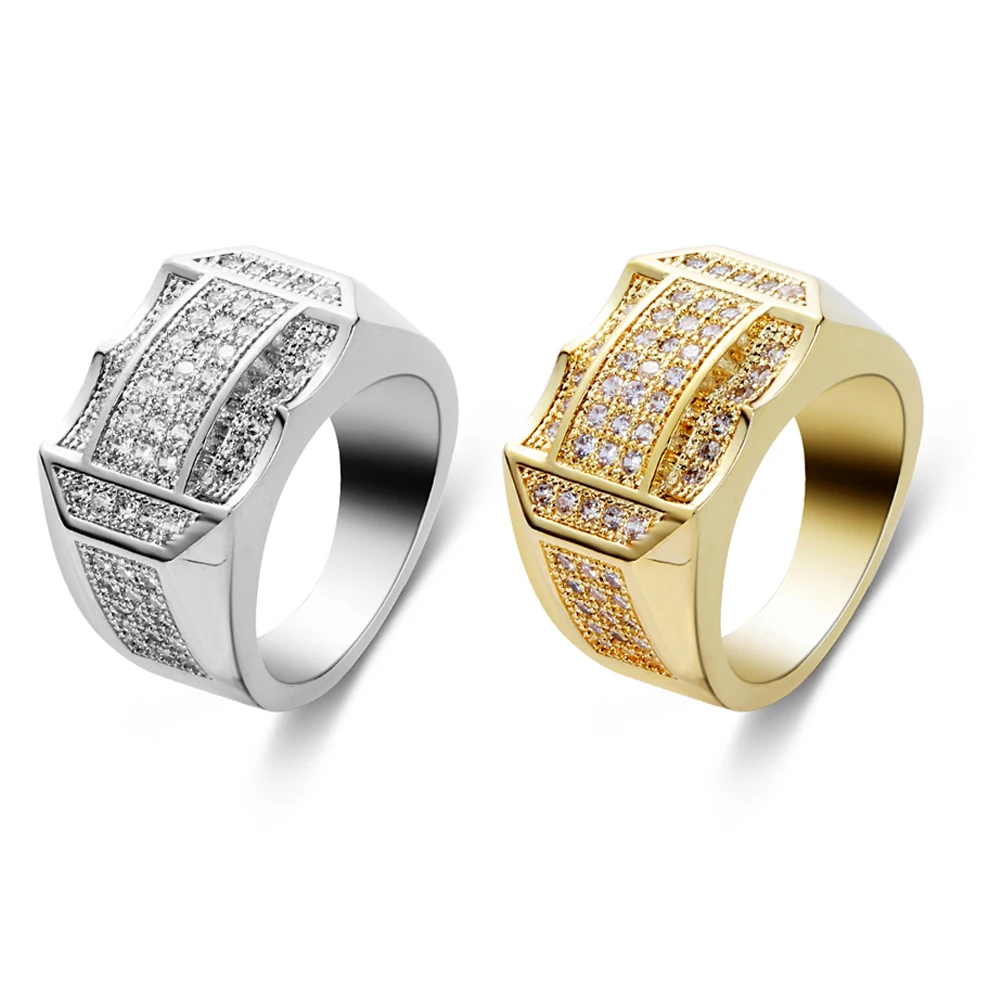 

1 PC Punk Hip Hop IP Gold Filled Ring Silver Color Micro Pave Rhinestone Iced Out Bling Big Square Rings for Men Jewelry