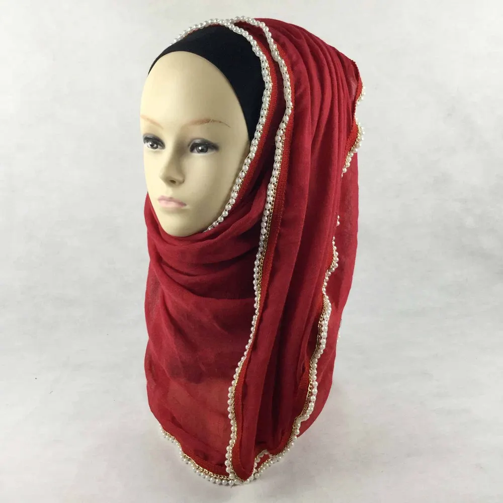 

(12 pieces/lot) cotton pearls chain edges muslim Hijab scarf big size Shawl Scarf can choose colors QK025