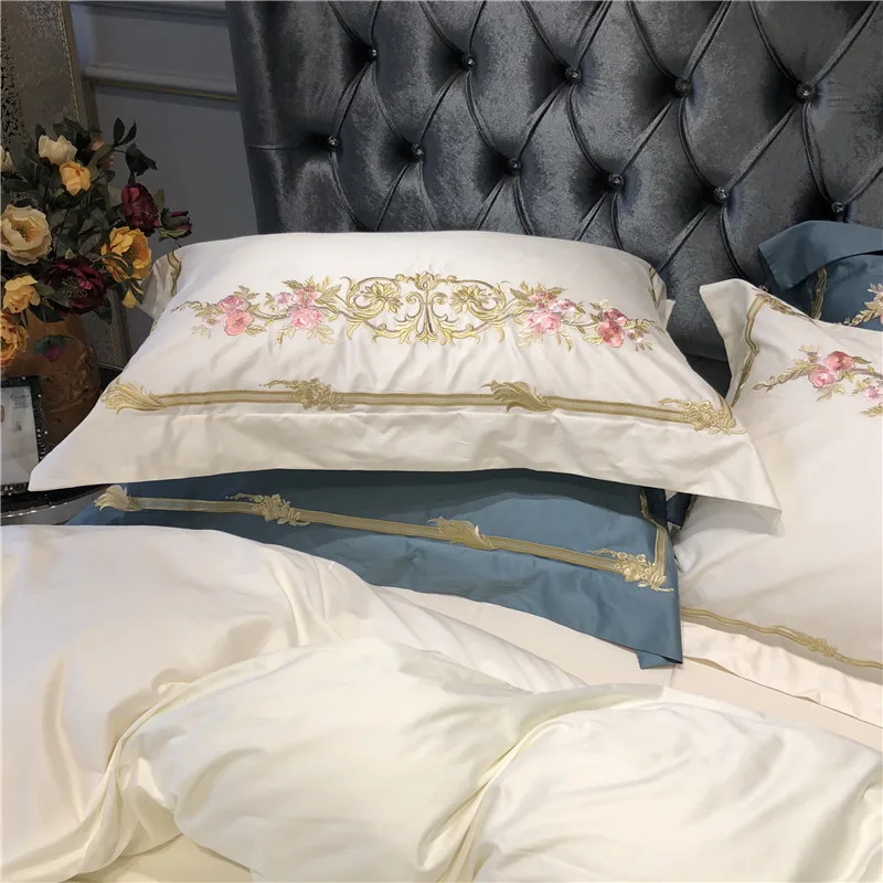 Best Champagne Blue White Luxury Royal Embroidery 100S Egyptian Cotton Palace Bedding Set Duvet Cover Bed sheet/Linen Pillowcases 69