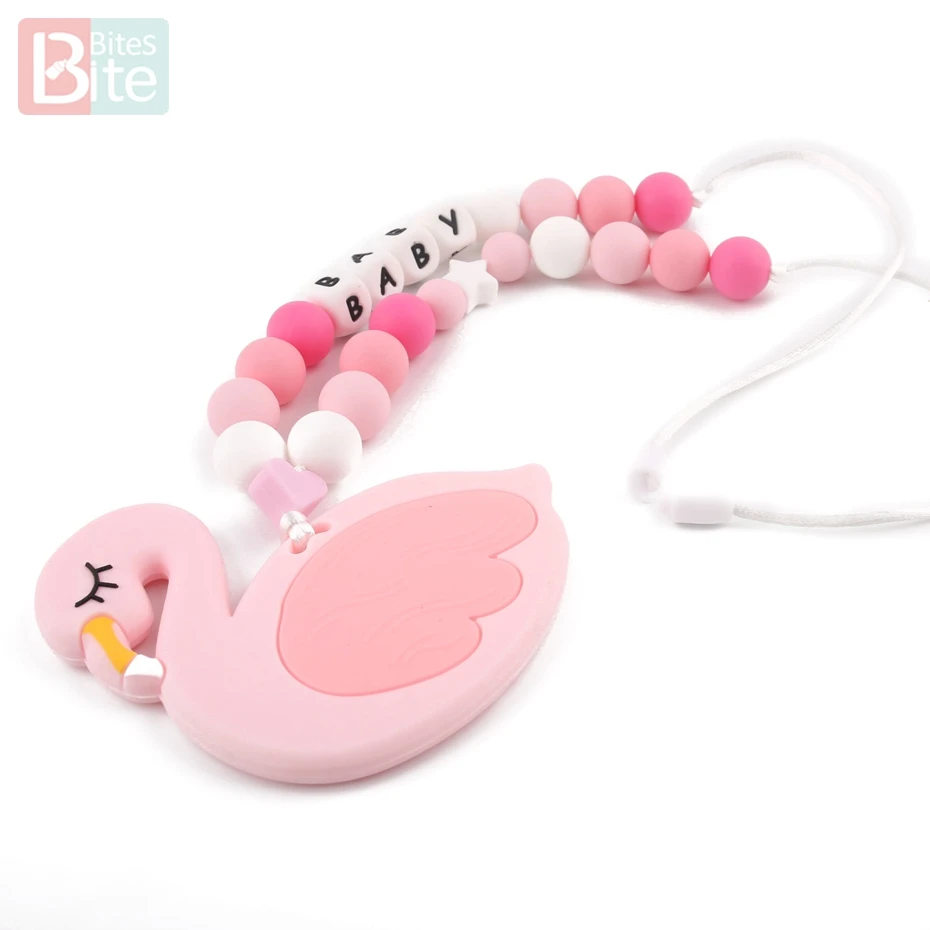 

Bite Bites Personalise Pink Silicone Beads Flamingo Mini Heart Teethers Necklace Baby Name's Teeting Letter Beads Baby Teether
