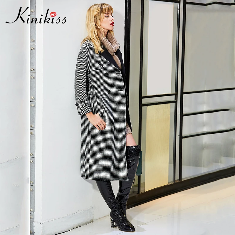 Kinikiss 2018 Женское зимнее кашемировое пальто черная клетчатая модная пикантная