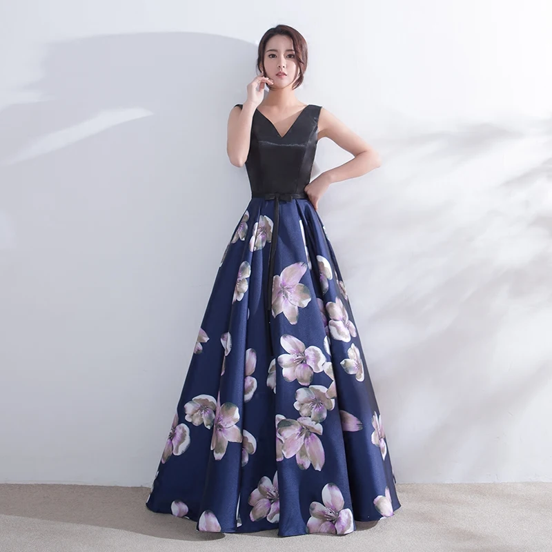 Suosikki evening dress long V Neck Floral Formal Dresses backless formal prom occasion dresses satin Robe De Soiree Party Gowns