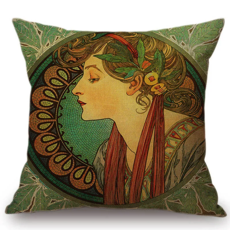 Vintage Nordic Art Nouveau Mucha Gallery Cushion Cover Decorative Sofa Pillow Cover Beauty Girl Cotton Linen Pillows