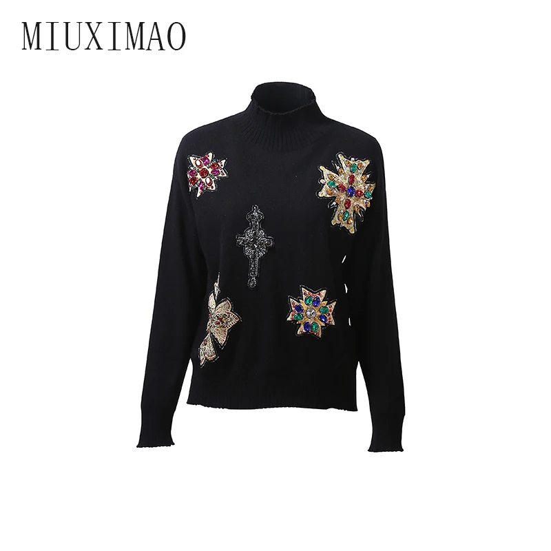 

Europe Style 2018 Newest Autumn Fashion Full Sleeve Turtleneck Diamonds And Flower Embroidery Casual Elegant Blouse Women