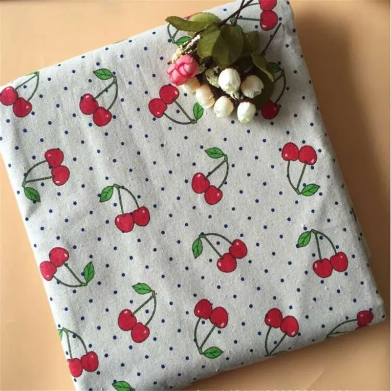 

Cotton Linen Patchwork Fabric Printed Linen Cotton Cloth Canvas Sewing Material Cherry Printed DIY Quilting Material For Textile