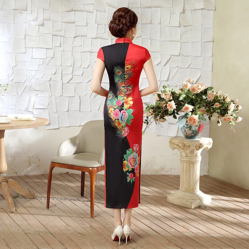 satinas elegante pavão flor qipao