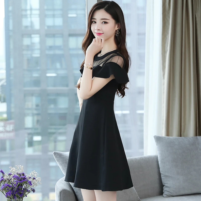 Black Summer Party Night Womrn Dress Ruffle Short Sexy Lady Slim Mini Office Mesh Short Sleeve Classic Hepburn Small Black Dress