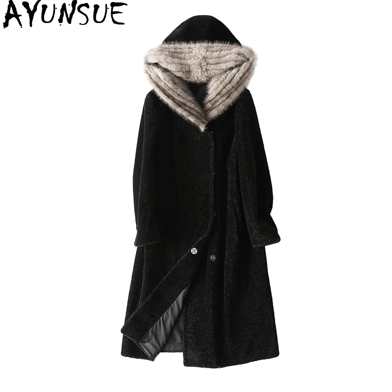 

AYUNSUE Luxury Sheep Shearling Fur Coat Female 2018 New Long Winter Coats Women Natural Mink Fur Hooded Real Wool Jacket X-11