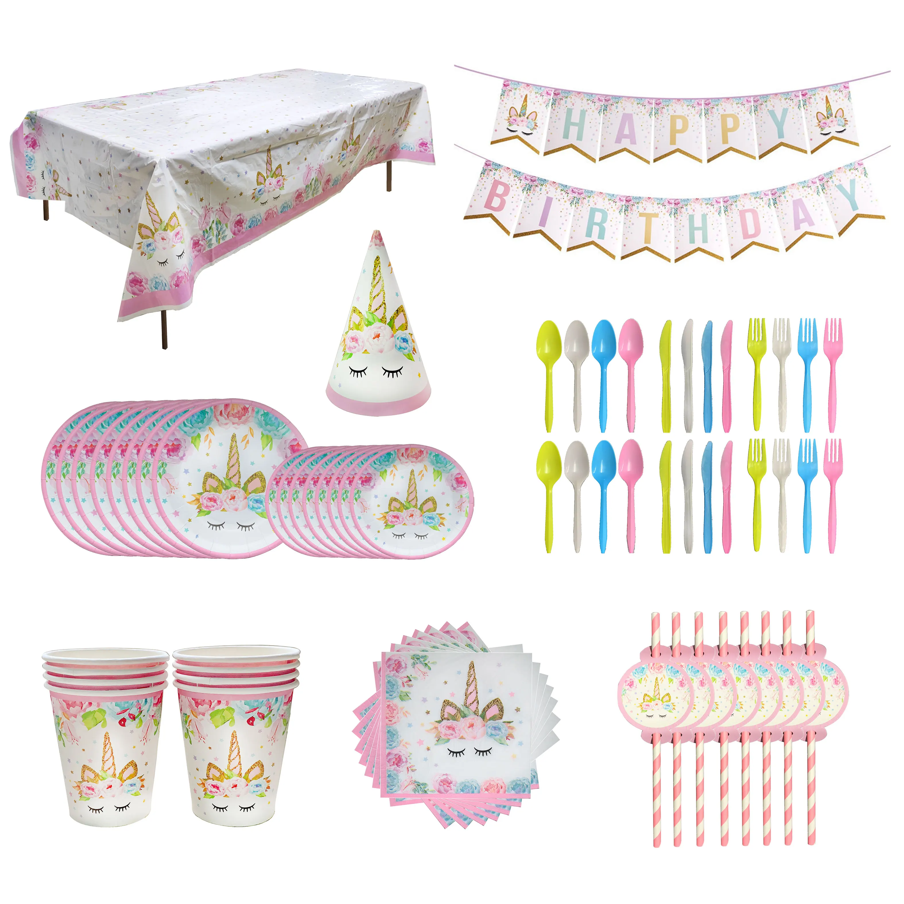 Unicorn Party Disposable Tableware Paper Cup Plates Straws 1st Birthday