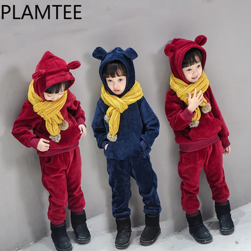 PLAMTEE Kawaii Boys Girls Set Animal Image Hoodies Kids Clothing Sets Winter Warm 100% Cotton Children Costumes Suits Kids New