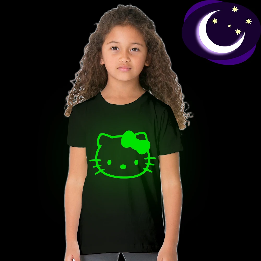 

Luminous Hello Kitty Kids Girl T Shirt Glow In Dark Fashion Girl Princess Party T-shirt Fluorescent Animal Cat Tops Tees Baby