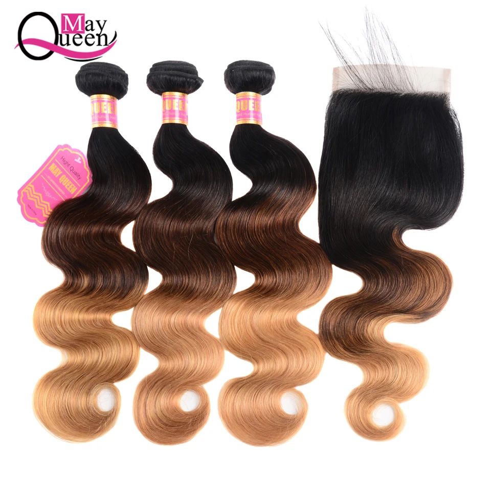 

Ombre Malaysian Body Wave Hair Bundles With Closure 1b 4 27 Three Tone Color May Queen Remy Human Hair 3 Bundles With Closure