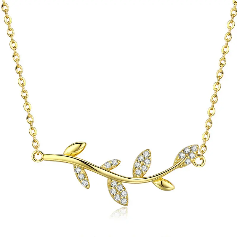 

ABAY 925 Sterling Silver Tree Leaves Branch Gold Color Cubic Zircon Necklaces Pendants Collar for Women Fashion Jewelry Gift