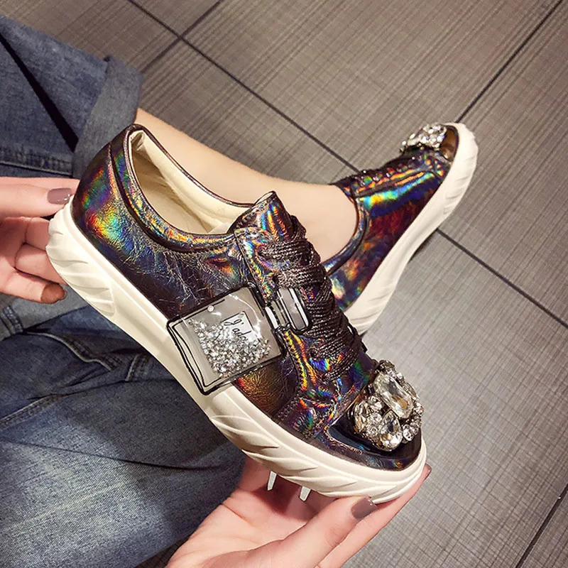 

New Fashion Ladies sneaker Canvas Shoes Casual Women Vulcanize Lace-up Comfortable low-top Bling laser Rhinestone Shoes PA-62