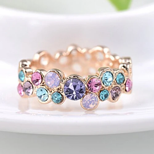 

Fancy Women's Colorful Rose Rhinestones Gold-color Ring Wedding Party Jewelry 5K5L
