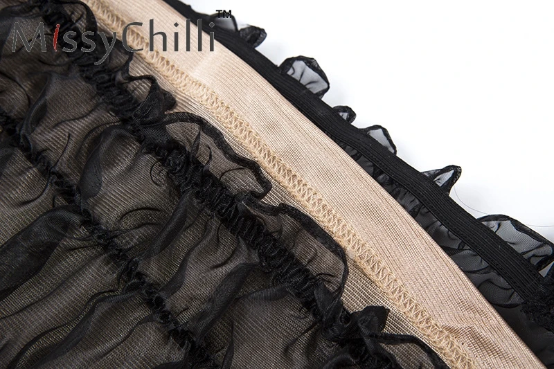 MissyChilli Сексуальная черная сетка с оборками летние топы женские с буфами и короткими рукавами Топы с завязками на шее женские прозрачные повседневные праздничные кроп-топ
