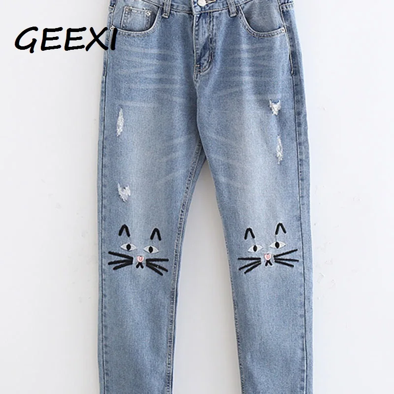 Cats Embroidery Jeans Female Light Blue Casual Pants Capris 2016 Spring