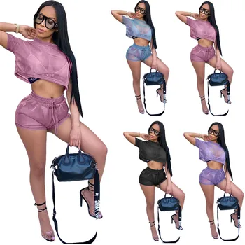 

New Fashion Women's Sets Ladies Sexy Casual Short Tops And Shorts Summer Short Sleeve Solid Pullover O-neck Polyester Spandex