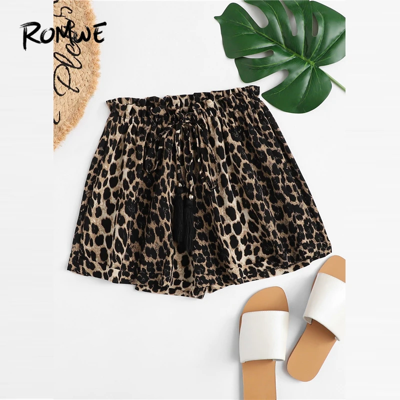 

ROMWE Leopard Drawstring Elastic Waist Shorts 2019 Chic Basic Summer Wide Leg Women Shorts Sexy Female Mid Waist Shorts