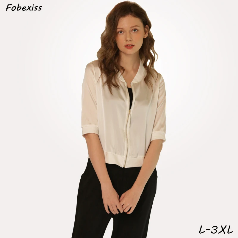 

Women Jackets Summer Real Silk Jackets Zippers Kimono Satin Jackets Loose Thin Sun Protection White Jackets Harajuku Coats