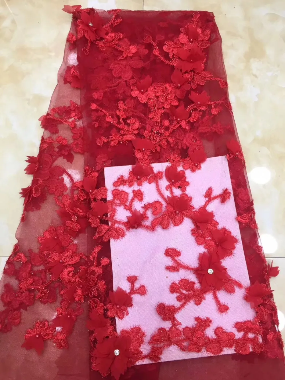 

French lace fabric 5yds/pce dhl red 3d petals beaded stones fabrics women gorgeous luxury party event dresses 2019 new design