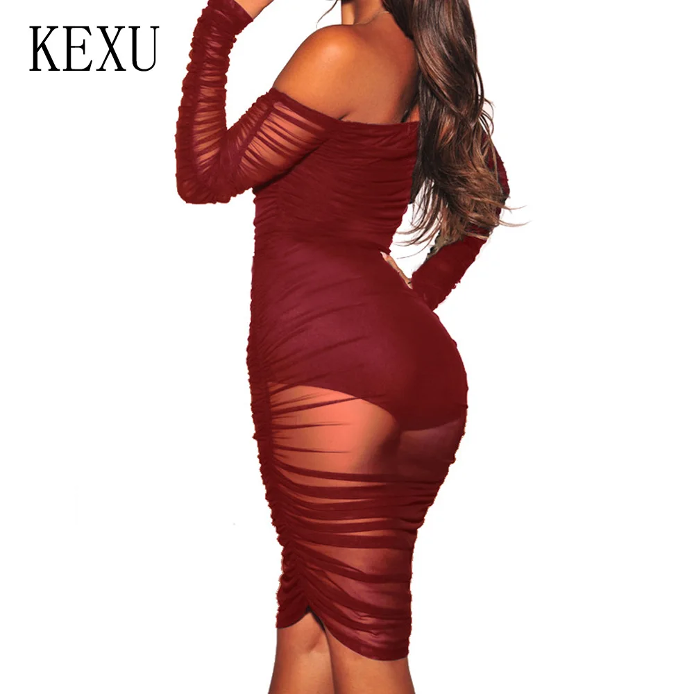 KEXU Women Autumn Sexy Off Shoulder Long Sleeve Dress Fashion See Through Mesh Bodycon Pleated Dress Night Club Party Vestidos