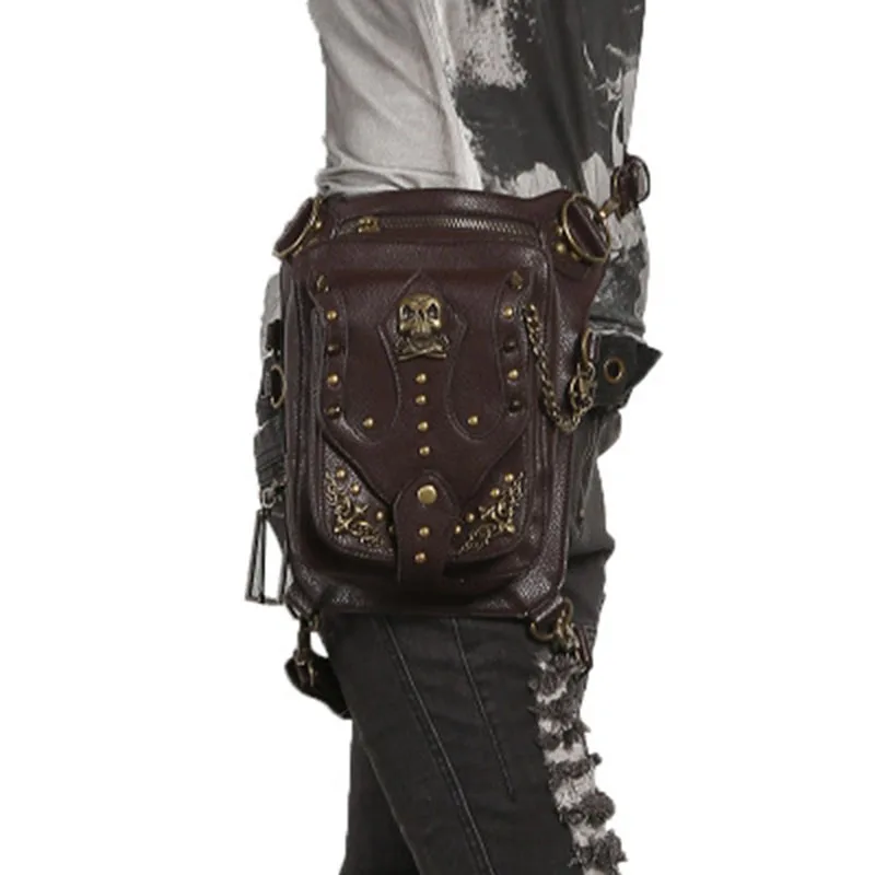 

Stylish Handmade Men Women Black PU Punk Waist Bag Cell Phone Belt Bag Vintage Motorcycle Leg Bag Multi-functional Shoulder Bag