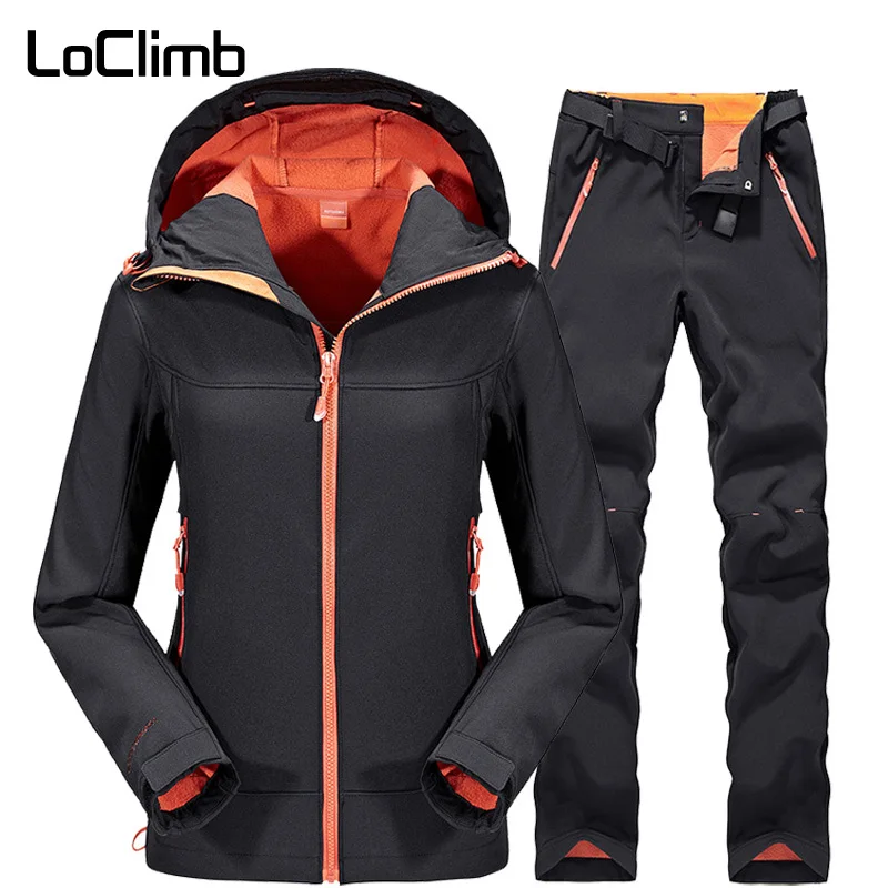 LoClimb de senderismo al aire libre pantalones de las mujeres de los hombres de invierno cálido Pantalones mujer Softshell chaqueta impermeable esquí Trekking pantalones traje AM091