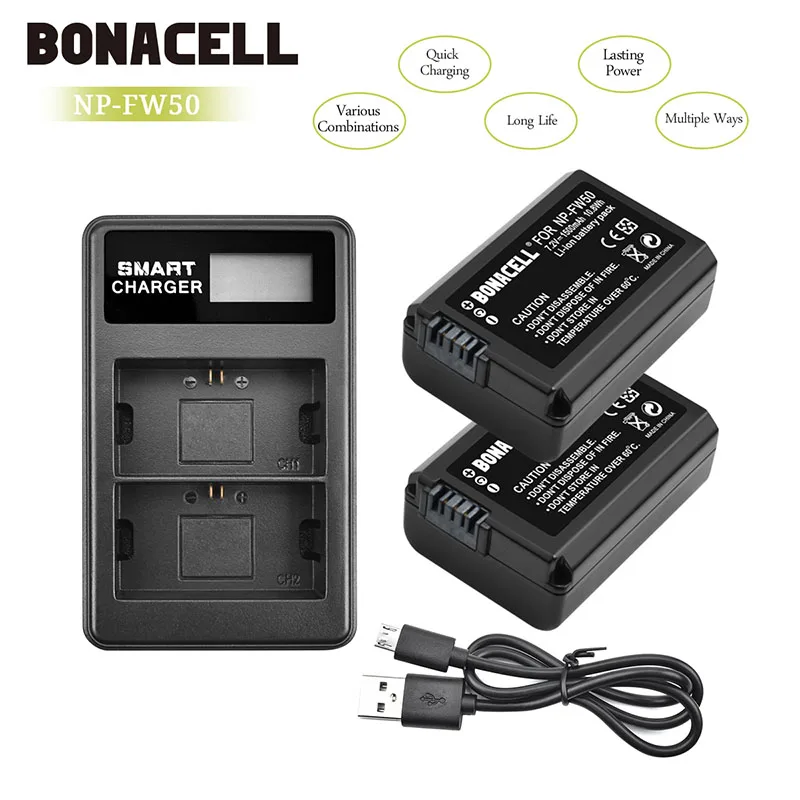 2battery1lcdcharger Bonacell 1.5Ah NP-FW50 FW50 Батарея LCD Dual charger для sony Alpha A6500 A6300 A6000 A7r A5000 7R A7R A7R II A7S A7S II A7 - Цвет: 2battery1lcdcharger