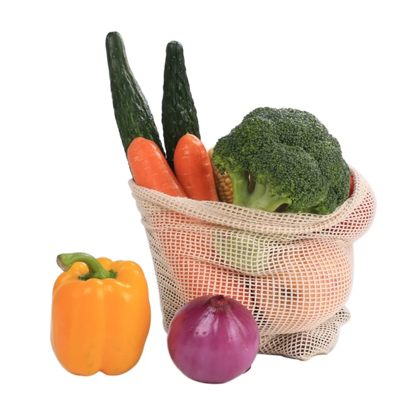 

Reusable Cotton Vegetable Kitchen Bag Household Fruit Vegetable Storage Net Bag Machine Washable Lanyard