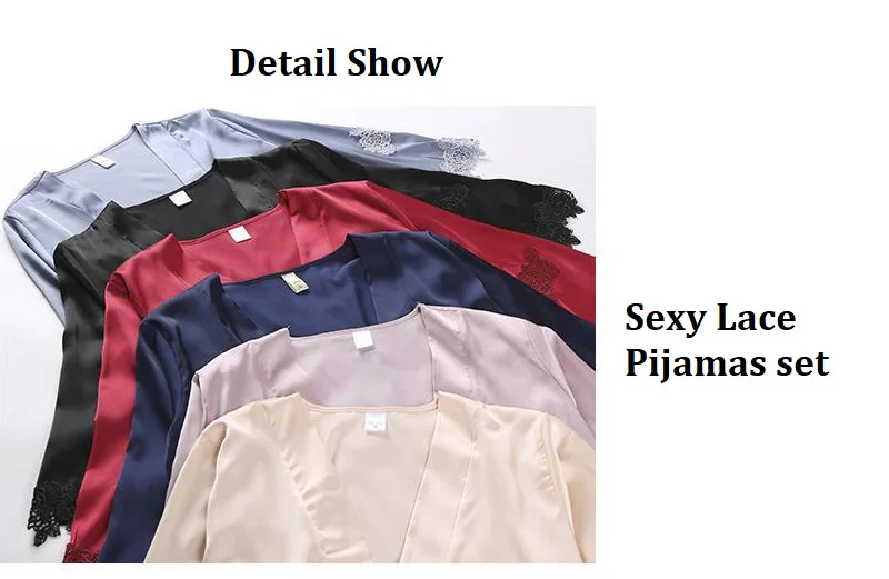 Осенняя сатиновая Пижама, набор для женщин, Элегантная пижама 5 шт., Брендовое женское сексуальное белье, кружевной топ, шелковые пижамы, набор, Пижама для женщин