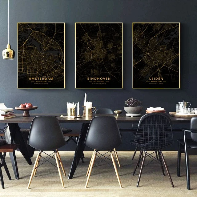 

Amsterdam Rotterdam Leiden Netherlands City Map Gold Map Canvas Art Print Wall Pictures for Living Room No Frame