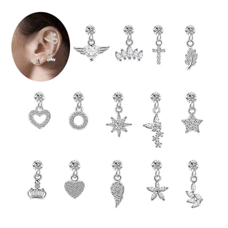 

1PC Elegant Cartilage Earrings Helix Stud Earrings Cubic Zirconia Flower Heart Star Cross Surgical Steel Small Brincos For Women