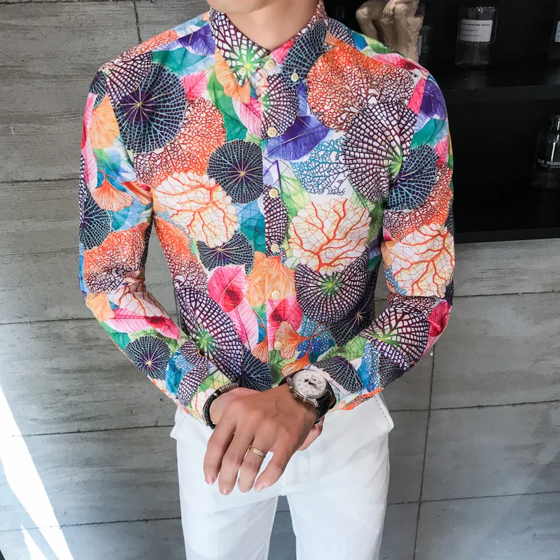 2018 New Casual Shirt Men Long Sleeve Full Color Printing Slim Fit Designs Fancy Shirts Man Comfortable Tendy Streetwear Clothes