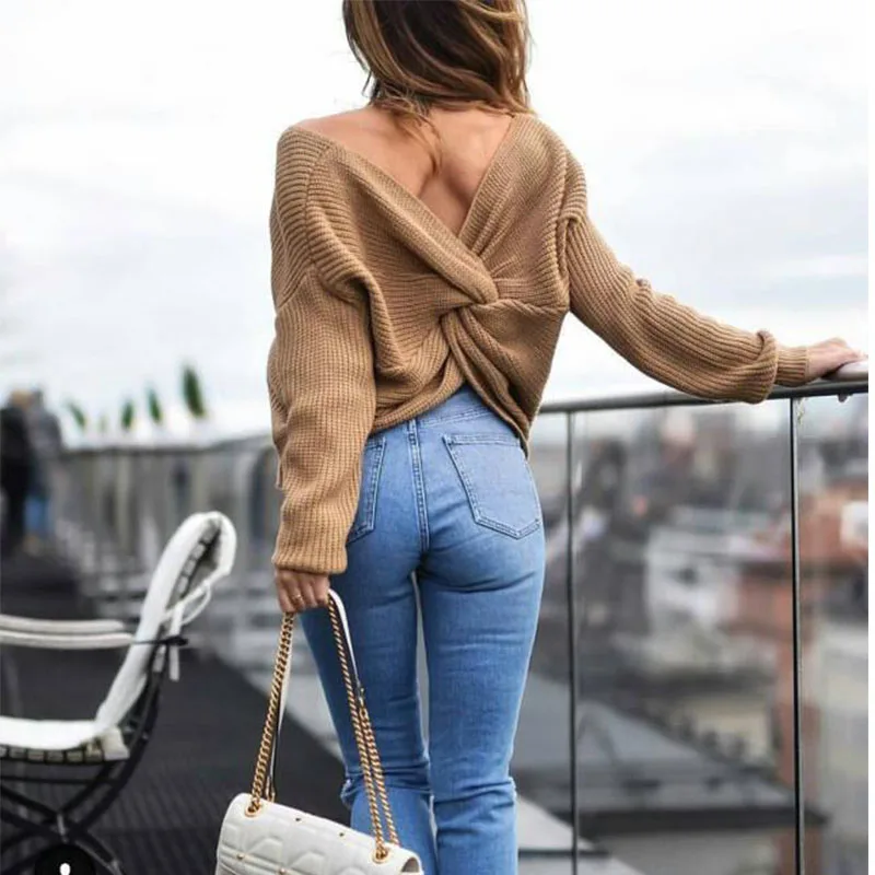 

Bothwinner V Neck Twisted Back Sweater Women Jumpers Pullovers Long Sleeve Knitted Sweaters Pull Femme