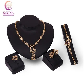 

Women Wedding Jewelry Sets For Party gold color Crystal Heart Bridal African Beads Necklace Bracelet Earrings Rings Set