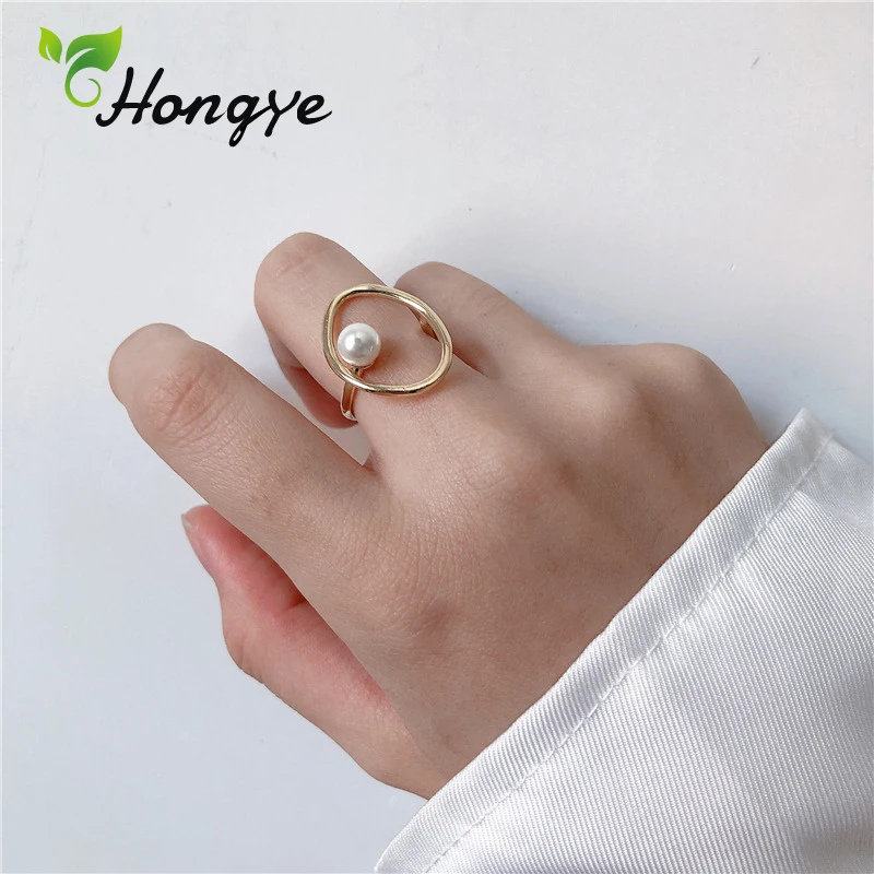 

Stylish Hollow Out Pearl Rings for Women Irregular Round Quality Simple Design Gold Color Women Ring Fashion Finger Accessories