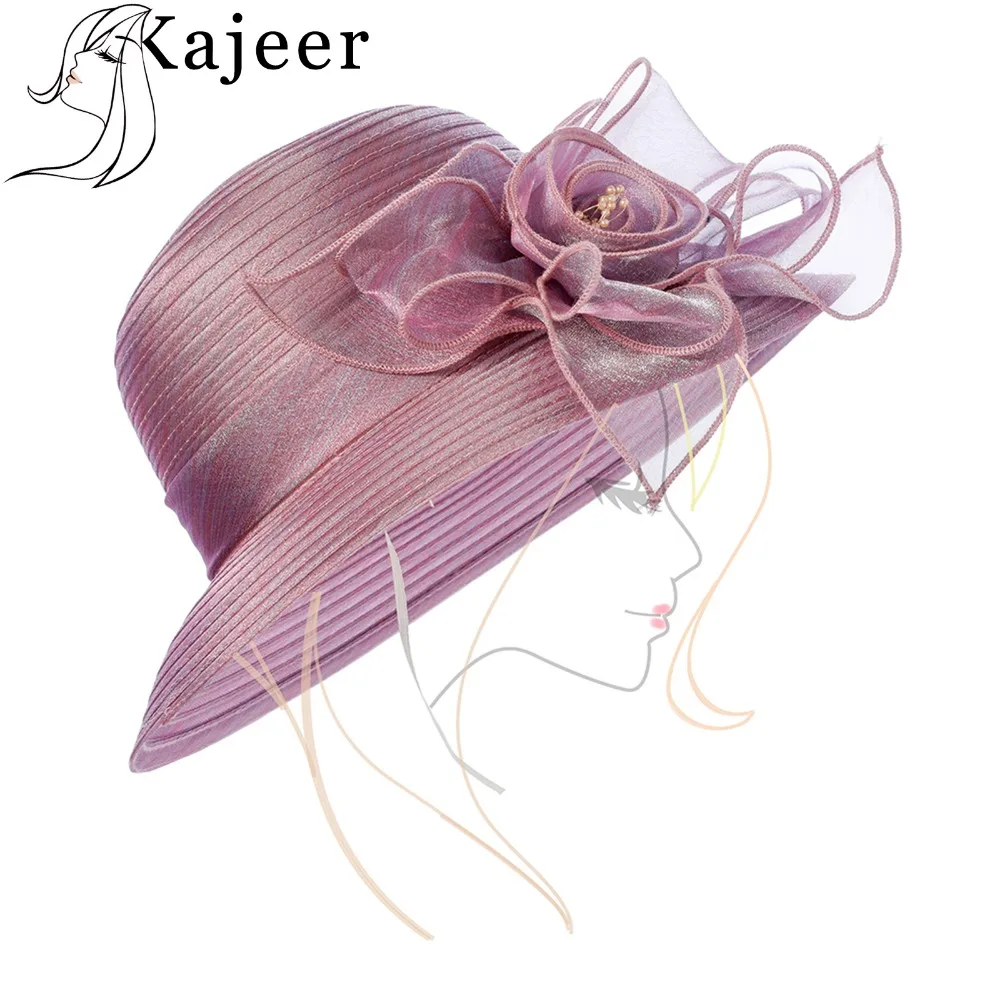

Kajeer Fashion Fedoras Women Mesh Church Hat With Floral Summer Wide Brim Cap Wedding Party Hats Beach Sun Protection Derby Caps