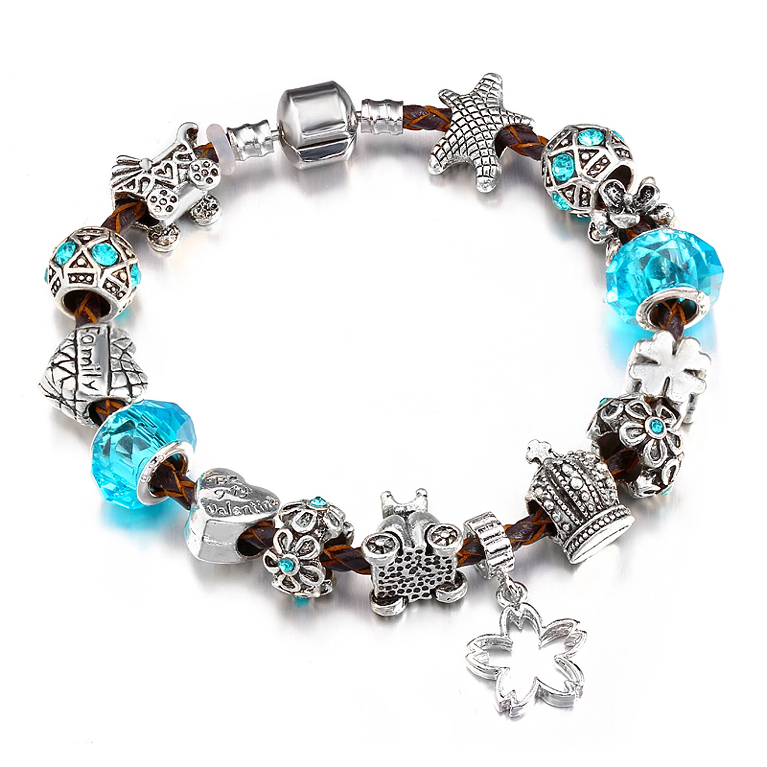 Luxury Rhinestone Antique Silver Charm pandora Bracelets for women With
