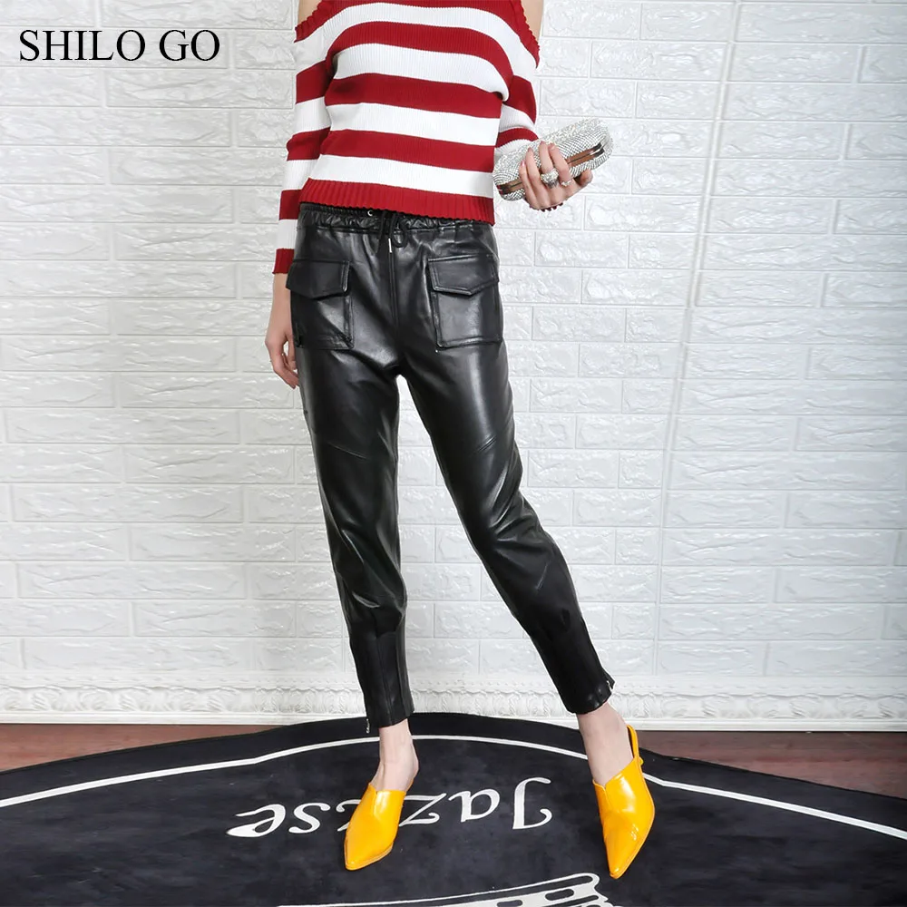 SHILO GAAN Leren Broek Womens Zomer Mode schapenvacht lederen Broek tie stretch hoge taille side pocket potlood broek SHILO GAAN Leren Broek Womens Zomer Mode schapenvacht lederen Broek tie stretch hoge taille side pocket potlood broek