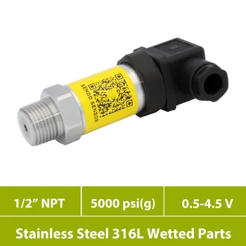 

IP 65 pressure sensor, 0.5 to 4.5 v signal, 0 5000 psi high pressure transducer, 1 2 in npt male thread, ss 316L wetted parts