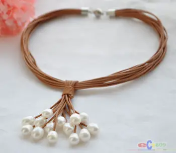 

women Fashion Jewelry wholesale 15row 17" 13mm white rice pearl coffee leather grape necklace