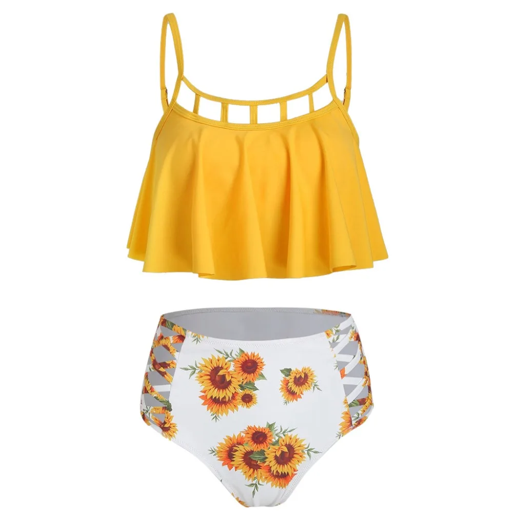 Bikini Sunflower print ruffle Women Two Pieces Switmsuit high waisted ...