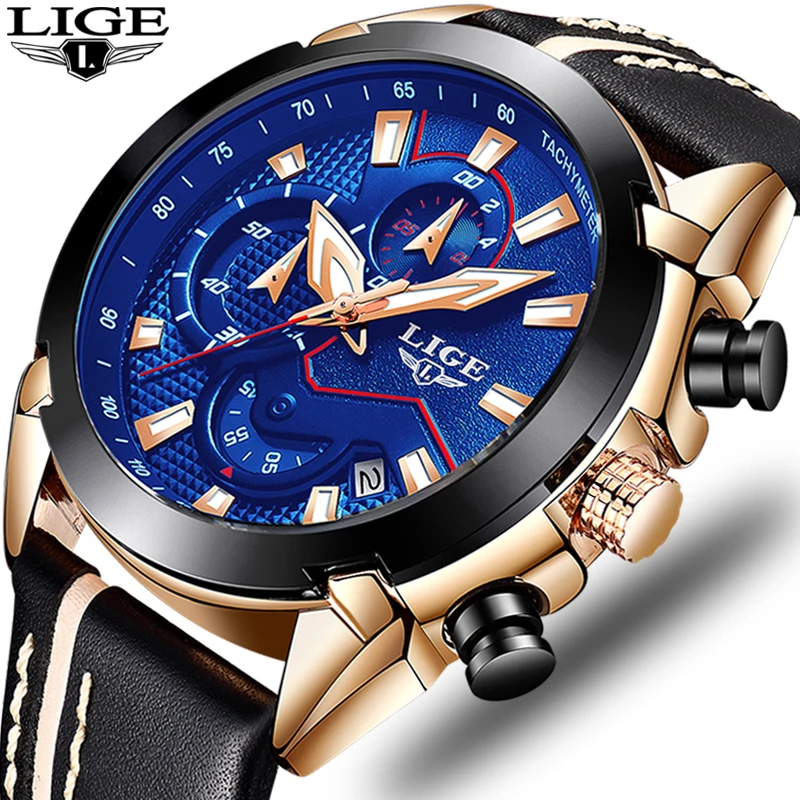 

LIGE Fashion Sport Mens Watches Top Brand Luxury Gold Quartz Watch Men Leather Waterproof Military Wrist Watch Relogio Masculino