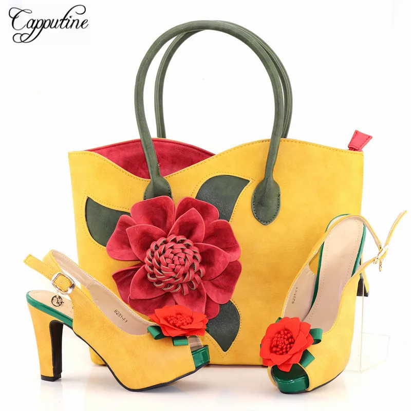 

Capputine Fashion Design Hot Selling Yellow Shoes And Shopping Bag Set European High Heels Flowers Shoes And Bag Set For Party