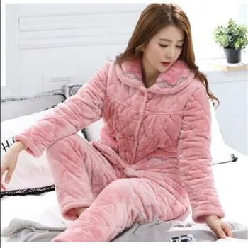 

Free Shipping Winter Women Flannel Clip Cotton Pajamas Set Solid Long Sleeve Turn-down Collar Thick Warm Female Pyjama M-XXL