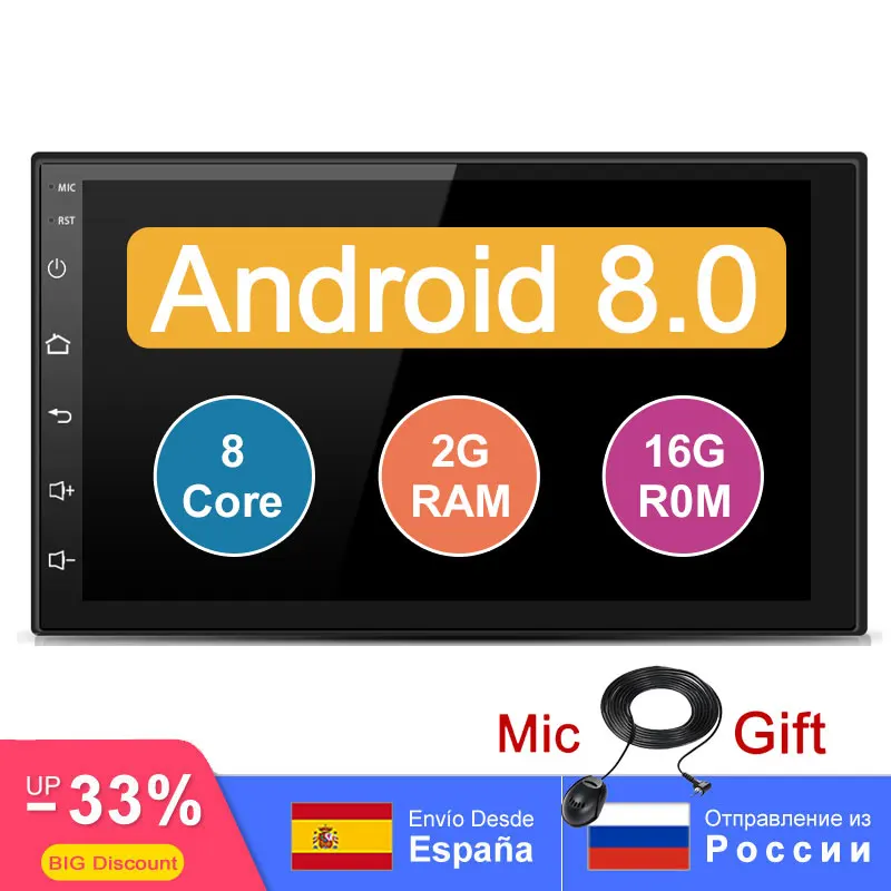 

7" Android 8.0 2G+16G Octa Core 2Din car Cortex-A53 1.5GHz touch 1024X600 Car Stereo GPS RDS/FM/AM Support Cam/SWC/DAB/TPMS/OBD2