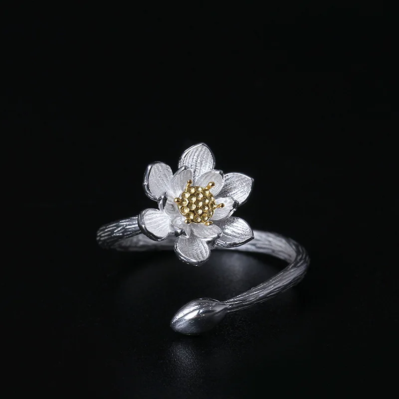 lotus open ring 100% Sterling 925 silver Jewelry Vintage Adjustable rings for women gift