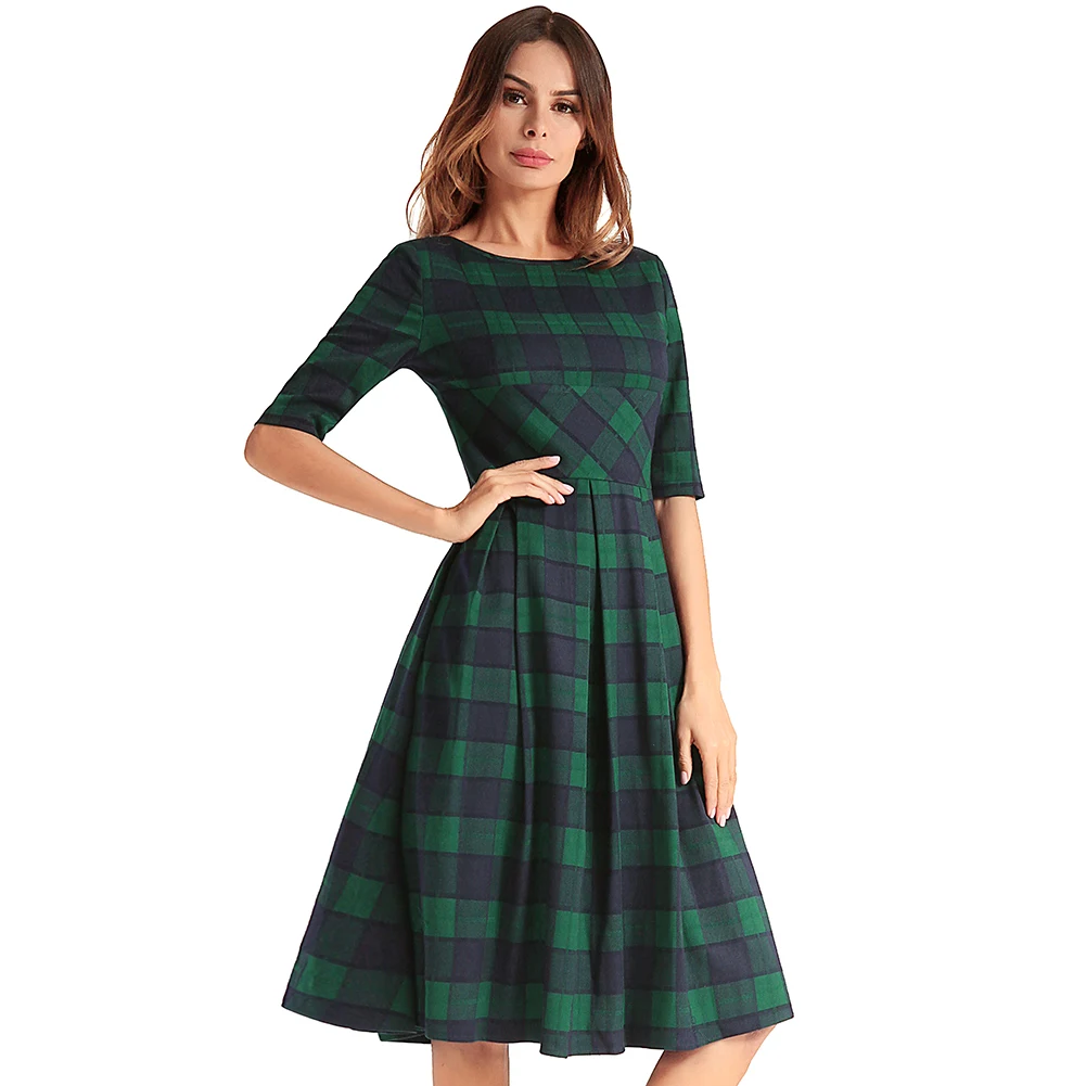 Fashion Women Plaid Check Dress Female V Back Knee Length Casual Party